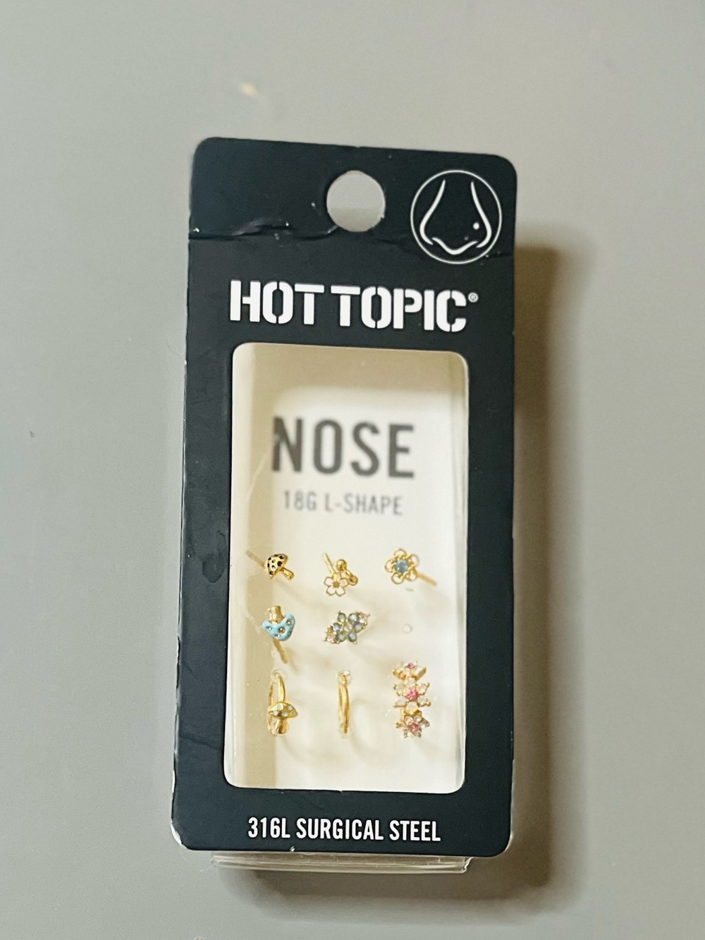Hot Topic Nose Stud Set 9 Pack 18G L-Shape Gold Butterfly Mushroom NWT
